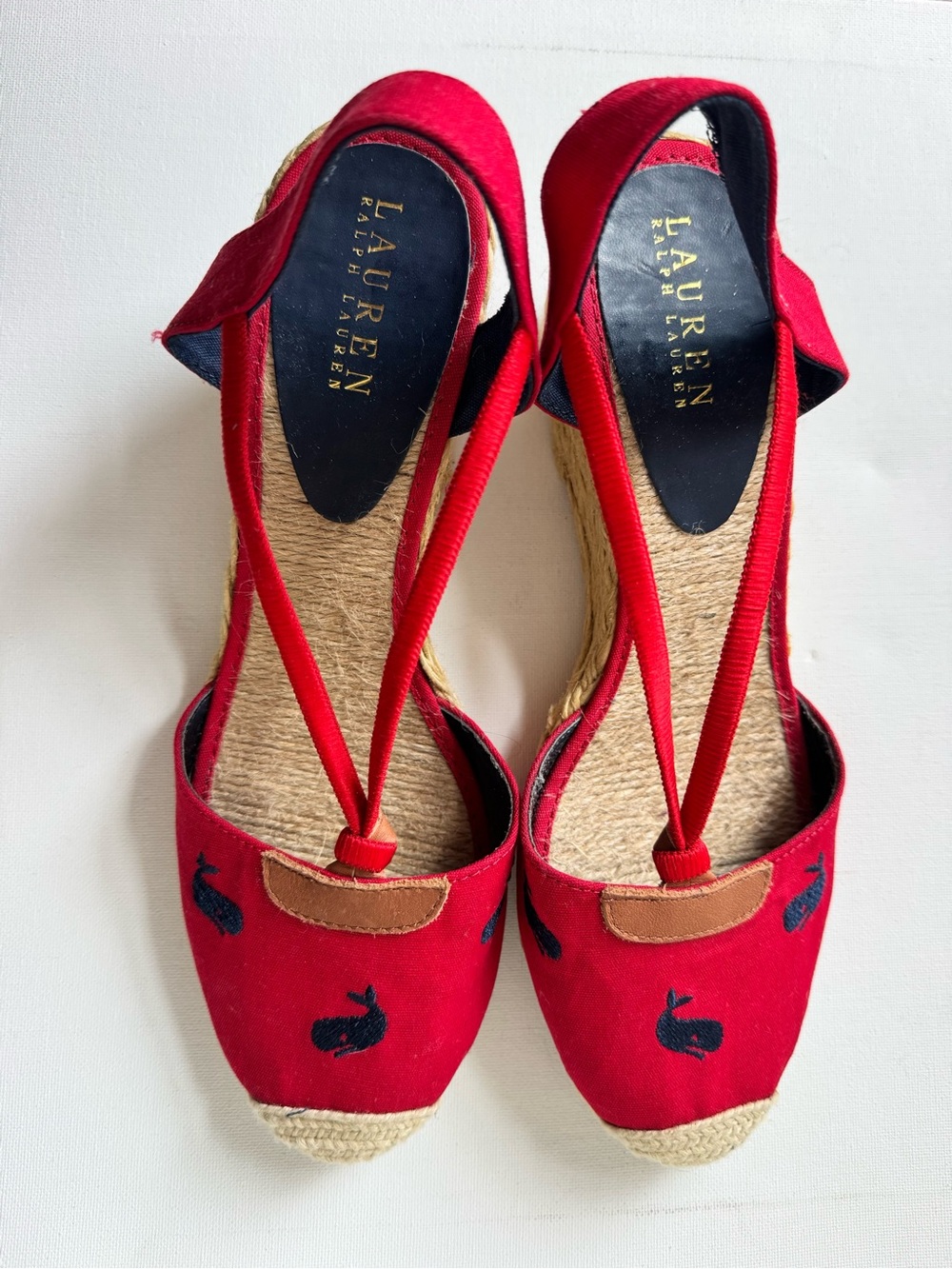 Labor weekend sale! Lauren Ralph Lauren Red Espadrille Wedge Sandals Embroidery